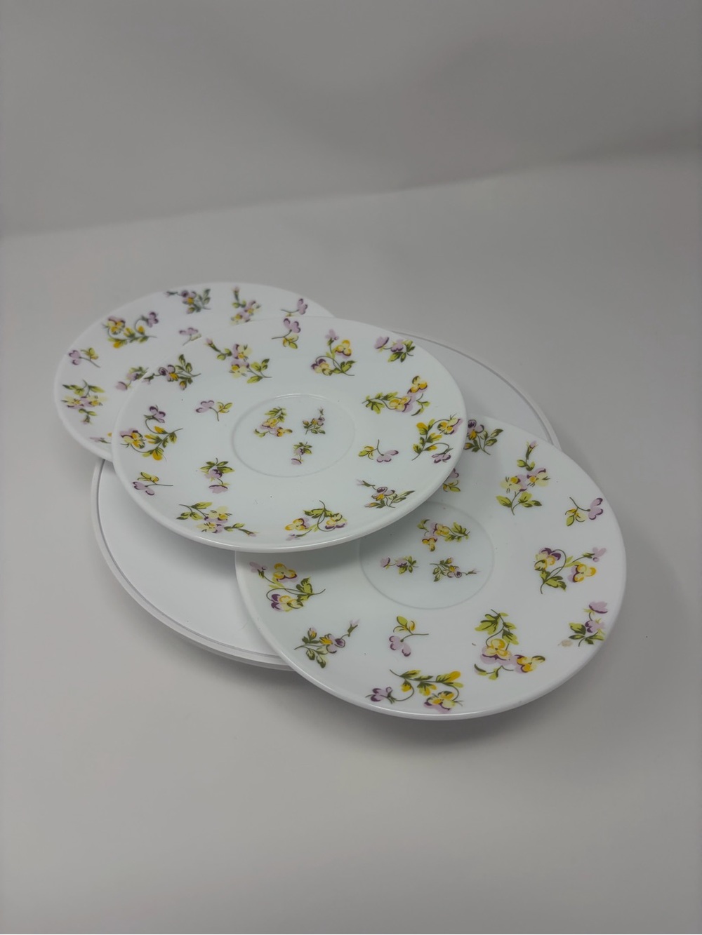 Martha Stewart Everyday Tea Cup Plates Pansies Purple Yellow France Set Of 3